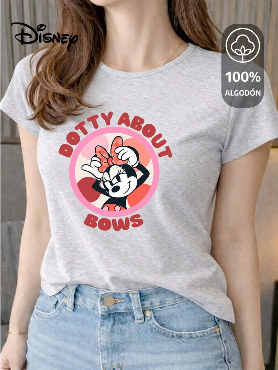 Women's T-Shirt Made Of 100% High-Quality Cotton, This T-Shirt Guarantees Exceptional Softness To The Touch, Round Neck With "Disney Minnie Dotty About Bows" Print And Short Sleeves - 淺灰色 - 查看 1
