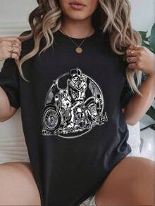New 2026 Women's T-Shirts, Women's Graphic Motorcycle T-Shirt, Modern And Unique Style With Eye-Catching Biker Print, Ideal For Casual Wear Or Outings With Friends, Available In Various Sizes And 's Fashion Category, In Urban Clothing. - 黑色 - 查看 1