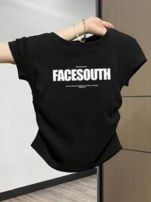 Short-Sleeved T-Shirt With Round Neck And Custom Letter Print, Starry Sky Print T-Shirt, Solid Black, Summer Novelty, Sexy And Elegant Top - Unisex Loose Cotton Short-Sleeved T-Shirt With Round Neck Urban Vintage Style. - 黑色 - 查看 5