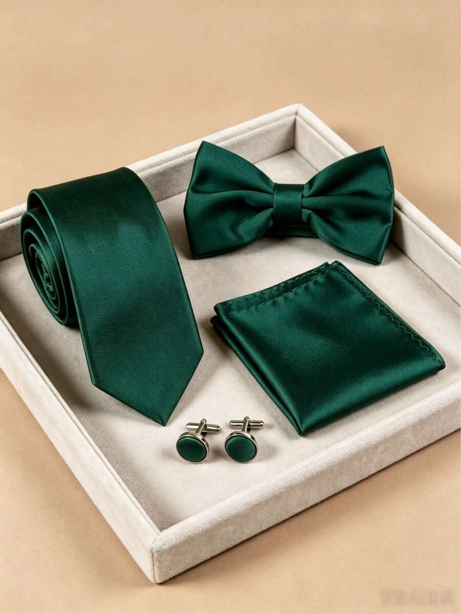 Set de 4 piezas para hombre de negocios con corbata de unicolor de poliéster, pajarita, pañuelo de bolsillo y gemelos, para bodas - Verde Oscuro - Ver 1