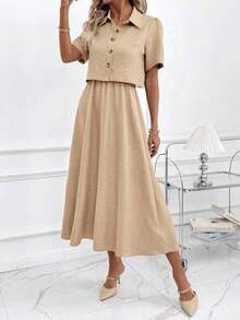 Clasi Conjunto de 2 piezas de camisa efecto denim y vestido de tirantes elegante para mujer, adecuado para ir a trabajar y múltiples ocasiones, atuendos de vacaciones de primavera, verano y playa.Conjunto de falda y blusa, conjunto de dos piezas de denim azul para Pascua. - Caqui - Ver 6