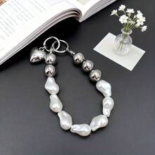 Dây đeo điện thoại hình trái tim mới, dây đeo cổ tay đính ngọc trai không đều kiểu Baroque, mặt dây chuyền móc túi/chìa khóa dành cho nữ. - Bạc - Xem 8