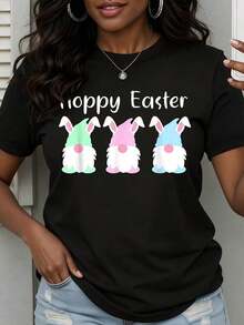 Women's Casual T-Shirt With Easter Bunny Print, Spring Summer Fashion Top, Short Sleeve White Graphic T-Shirt - Unisex Urban Vintage Style, Loose Fit Cotton Short Sleeve Crew Neck T-Shirt, 100% Cotton - 黑色 - 查看 1