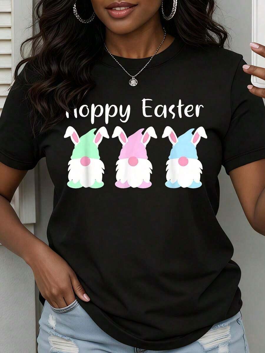 Women's Casual T-Shirt With Easter Bunny Print, Spring Summer Fashion Top, Short Sleeve White Graphic T-Shirt - Unisex Urban Vintage Style, Loose Fit Cotton Short Sleeve Crew Neck T-Shirt, 100% Cotton - 黑色 - 查看 1