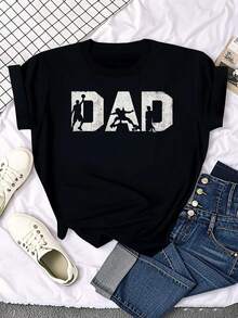 Women's Solid Blue T-Shirt - Oversized DAD & S Logo Print - Casual Short Sleeve Crew Neck T-Shirt, Suitable For Everyday Wear And As A Father's Day Gift - Breathable And Machine Washable, Dad Themed. Elegant Party Outfit, Stylish Ladies T-Shirt, Blouses Suitable For Curvy Women, Prom Skirts, Casual Wear. Adorable Animal Print, Fun Letter Print - 黑色 - 查看 6