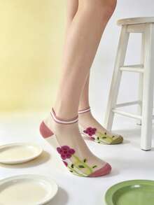 5 Pairs Purple Floral Glass Silk Sheer Socks, Cool And Refreshing - Multicolor - View 8