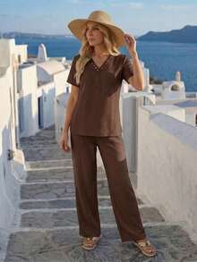 Faunlyn Conjunto de 2 piezas de camisa y pantalones de unicolor casual de vacaciones para mujer - Marrón - Ver 5