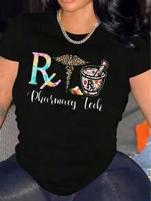 1 pieza de camiseta de mujer para uso diario casual con estampado de símbolos médicos y farmacéuticos, camiseta casual adecuada para el ocio diario, 180g, 100% algodón. - Negro - Ver 1