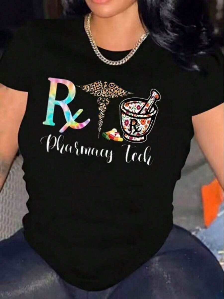1 pieza de camiseta de mujer para uso diario casual con estampado de símbolos médicos y farmacéuticos, camiseta casual adecuada para el ocio diario, 180g, 100% algodón. - Negro - Ver 1