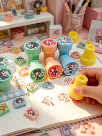K-POP Girl Group Automatic Stamp Set, Cute Cartoon Design, Portable DIY Stamp Suitable For Diary, Planner, Decoration, High-Quality Durable Stamp As Fan Collectible Gift And Stationery Lover