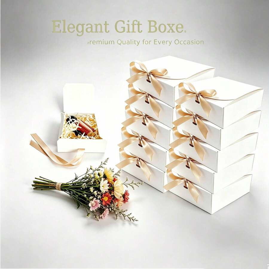3 Sizes Available, White Gift Box With Lid And Gold Ribbon, Suitable For Bridesmaid Proposal, Wedding, Birthday, Christmas Party And Other Occasions - View 1