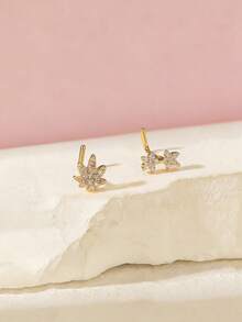 2Pcs Gold Tone Cubic Zirconia Maple Leaf & Flower L Shaped Nose Stud Set, Y2K L-Bend Nose Piercing Jewelry For Women - Gold - View 5