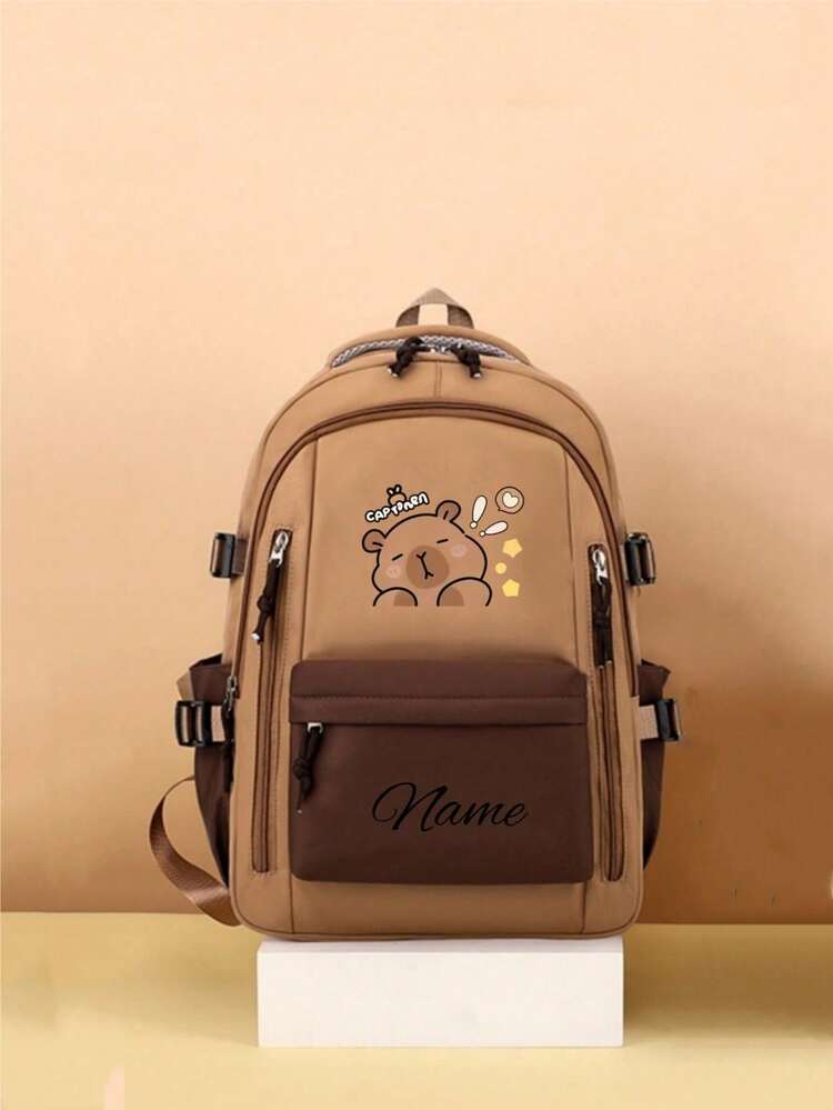 Personalized Large Capacity Capybara 2D Printed Backpack, Customizable Name Kids School Bag, Daily Travel Backpack, Birthday Souvenir Gift - Black - View 10