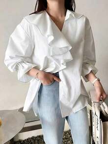 Blusa suelta con escote en V, volantes y parches elegante - Negro - Ver 5