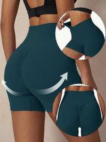 Women's Seamless Solid Color Asymmetrical Waist Scrunch Butt Lifting Yoga Shorts, High Stretch Workout Biker Shorts,Athletic Gym Booty Shorts For Sports & Activewear, Spring/Summer - 墨綠色 - 查看 2
