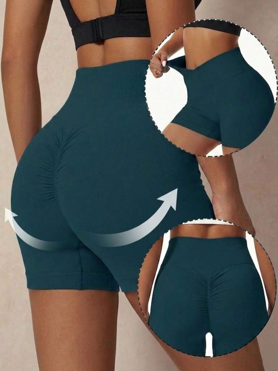 Women's Seamless Solid Color Asymmetrical Waist Scrunch Butt Lifting Yoga Shorts, High Stretch Workout Biker Shorts,Athletic Gym Booty Shorts For Sports & Activewear, Spring/Summer - 墨綠色 - 查看 1