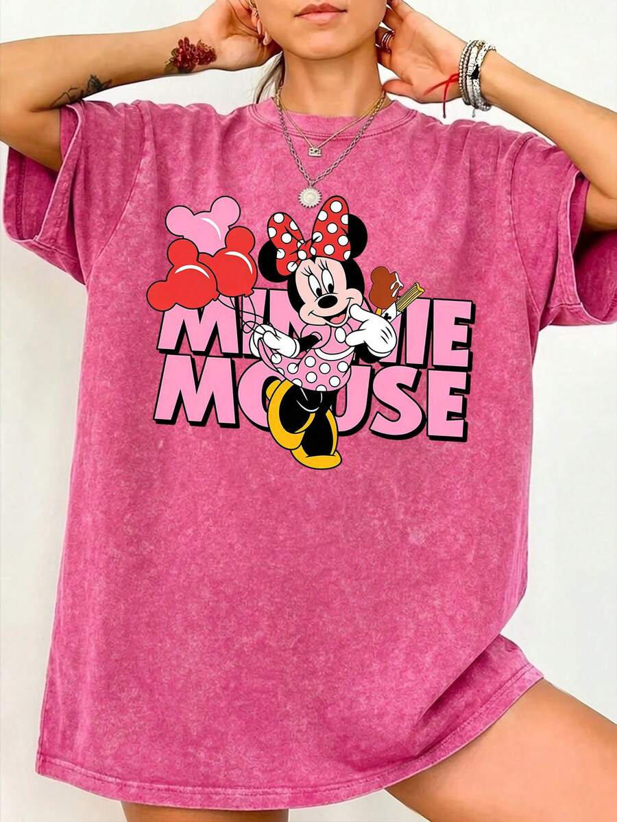 Disney Oversize Round Neck Washed T-Shirt With Disney Minnie Mouse Print, Disneyland, Disney Animal Kingdom, Disney Family Vacation Trip, Summer Outfits For Women, Vacation Outfits Women, Dresses,, Dresses For Women, Summer Clothes, Summer Tops, Capris For Women, Rompers For Women, Jeans For Women, Jorts, Graphic Tees Women, Tank Tops Women, Dresses For Women Summer, Summer Tops, Summer Clothes, Summer, Swimsuits For Woman, Bathing Suits For Women, Bikinis, White Tank Top, Women Sweatshirts & Hoodies, Cord Sets For Women, Trajes Elegantes De Mujer, Conjuntos De Dos Piezas Para Mujer, Skirt Two Piece Set, Conjuntos De Mujer, Blusas, Trajes De Mujer Casual, Free Shipping, Co Ords Sets Women, Faldas - Rose Red - View 1