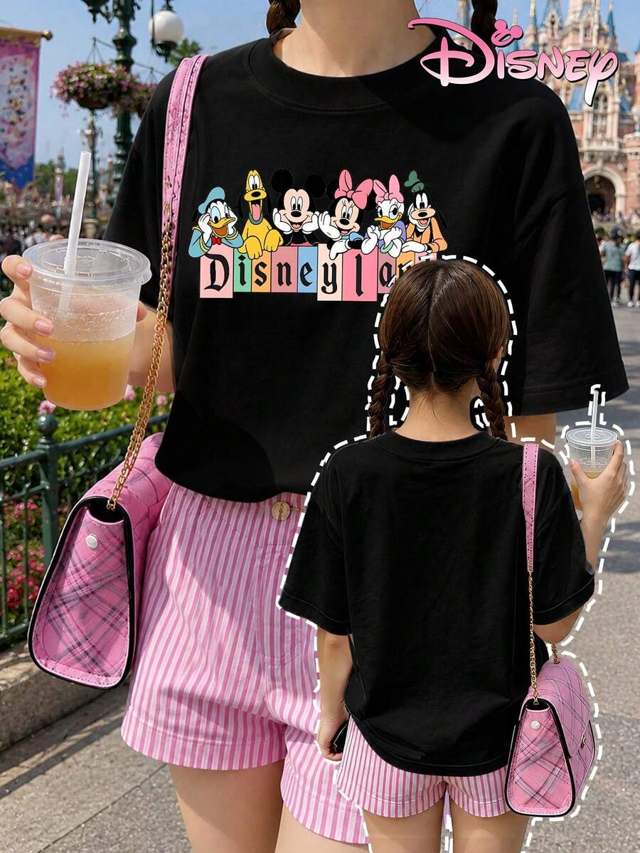 Pure Cotton Short-Sleeved T-Shirts For Teenage Girls, Featuring The Classic Disney Character "Disneyland" Themed Print. Loose And Comfortable Fit, Retro Style Perfect For Summer Wear, Suitable For Everyday Outfits, Disney Outings, And Casual School Settings. - 黑色 - 查看 1