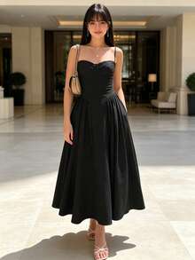 Women's Strapless Dress In A Solid Color, Inspired By Vintage Style, With A Shaping Bustier Design, Fitted To The Body, Suitable For Everyday Wear, Parties, Or Special Occasions. - Black - View 1