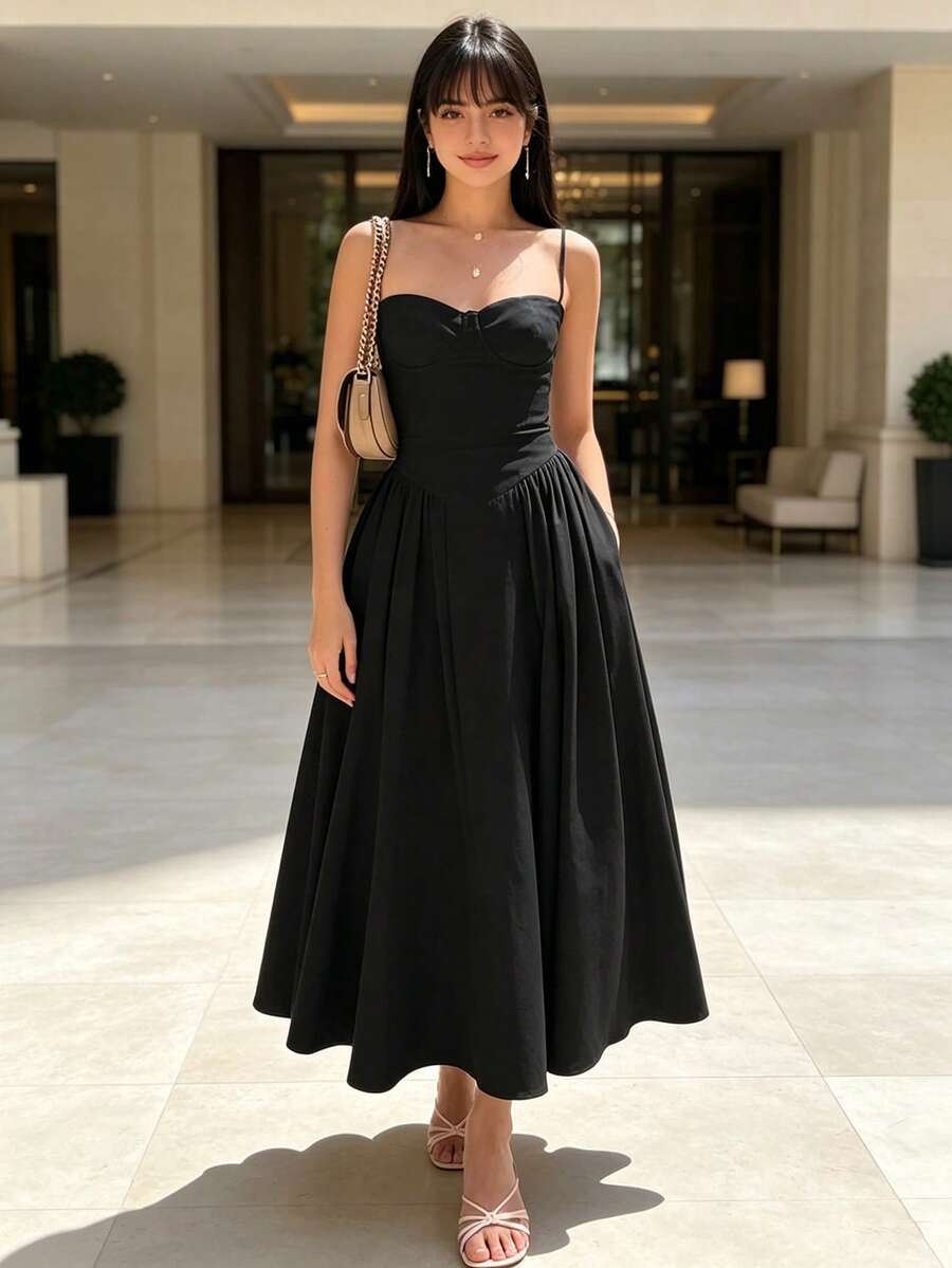 Women's Strapless Dress In A Solid Color, Inspired By Vintage Style, With A Shaping Bustier Design, Fitted To The Body, Suitable For Everyday Wear, Parties, Or Special Occasions. - Black - View 1