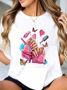 Oferta por tiempo limitado, cantidad limitada disponible,  relámpago, camisas de mujer, camisetas de mujer 1 camiseta blanca de mujer con estampado de mariposas y uñas decoradas, cuello redondo, estilo casual, tejido de punto elástico medio, corte regular, apta para mujer, tallas S-XXXL - Blanco - Ver 1