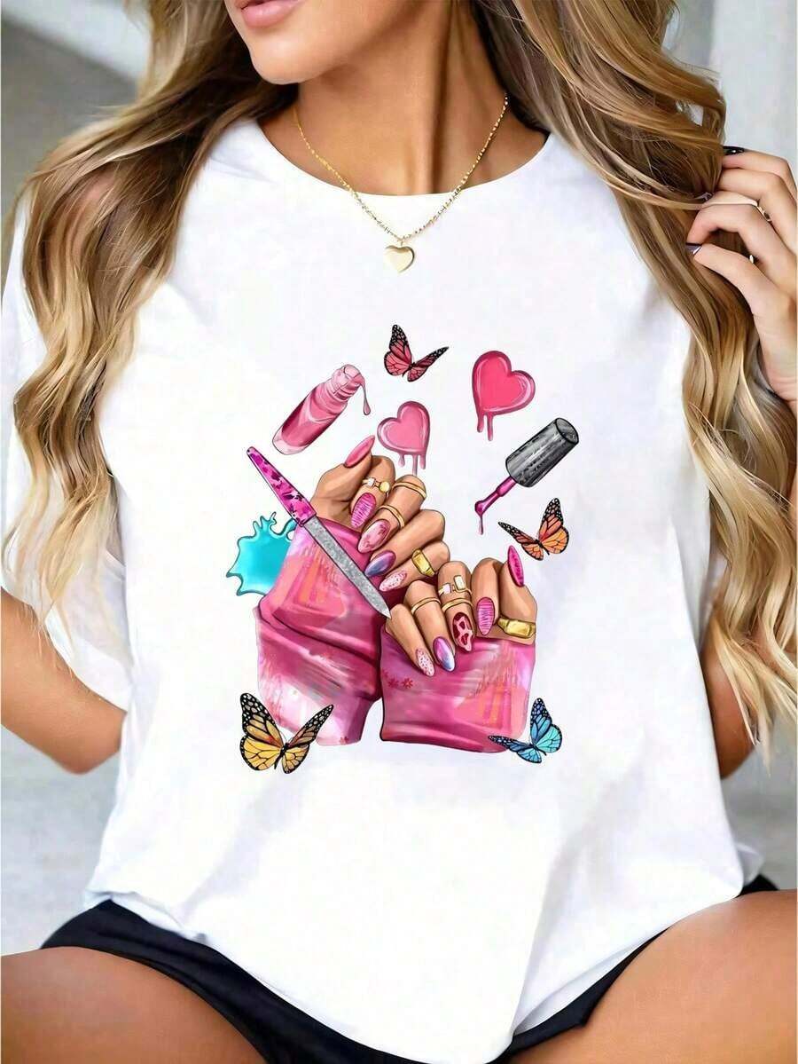 Oferta por tiempo limitado, cantidad limitada disponible, relámpago, camisas de mujer, camisetas de mujer 1 camiseta blanca de mujer con estampado de mariposas y uñas decoradas, cuello redondo, estilo casual, tejido de punto elástico medio, corte regular, apta para mujer, tallas S-XXXL - Blanco - Ver 1