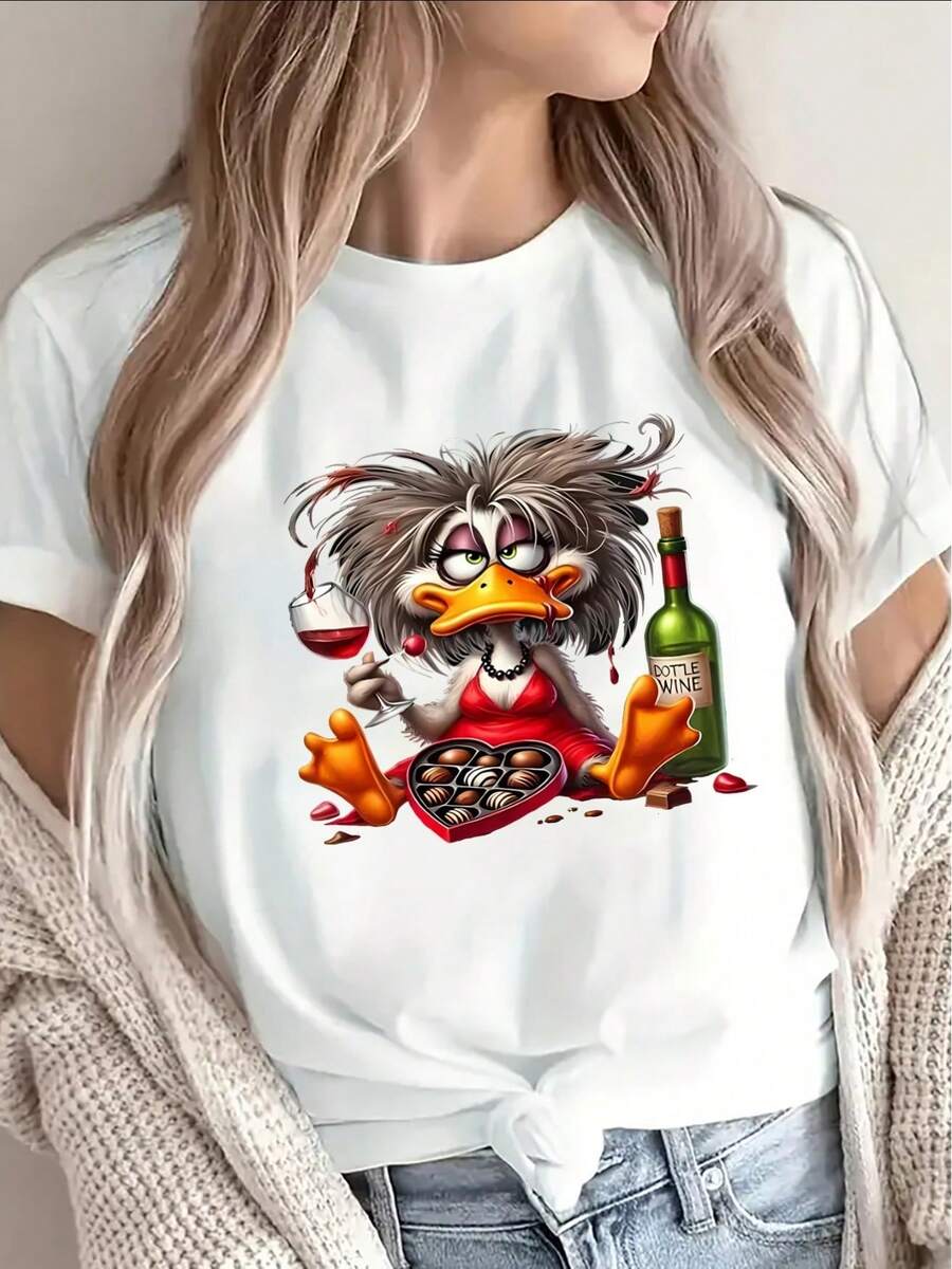 Nueva Camiseta de Moda para Mujer con Cuello Redondo, de Tejido Grueso. Esta camiseta ligera y duradera presenta un lindo estampado de pato chef, lo que la hace perfecta para uso casual en casa o como atuendo para restaurante. Tiene un divertido diseño de dibujos animados y cómoda para el uso diario. Éxito de , diseño versátil listo para el verano. - Blanco - Ver 1