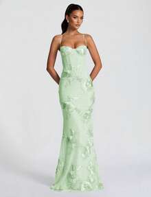 Shiny Floral Embroidered Elegant Sexy Semi-Sheer Backless Floral Mesh Dress, Suitable For Party, Anniversary, Graduation, Formal Dinner - Mint Green - View 2