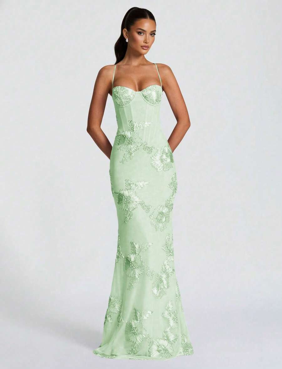 Shiny Floral Embroidered Elegant Sexy Semi-Sheer Backless Floral Mesh Dress, Suitable For Party, Anniversary, Graduation, Formal Dinner