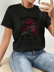 Fashionable Women's T-Shirt, Bouquet Of Dark Roses Symbolizing Inner Strength And Mysterious Beauty Amidst Light And Shadows, 100% Cotton Women's T-Shirt - 黑色 - 查看 7