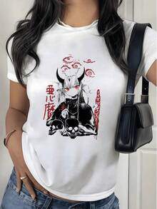 Fashionable Women's T-Shirt, Women's Printed T-Shirt With Graphic Design Of Anime Girl With Horns And Skulls, Casual Style 180g And Modern For Daily Use. - 白色 - 查看 7