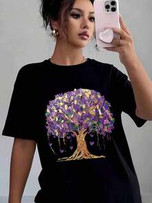 Women's Casual T-Shirt With Purple Tree And Heart Print, Soft And Comfortable, Gift For Valentine's Day, Mother's Day, Birthday - 黑色 - 查看 5