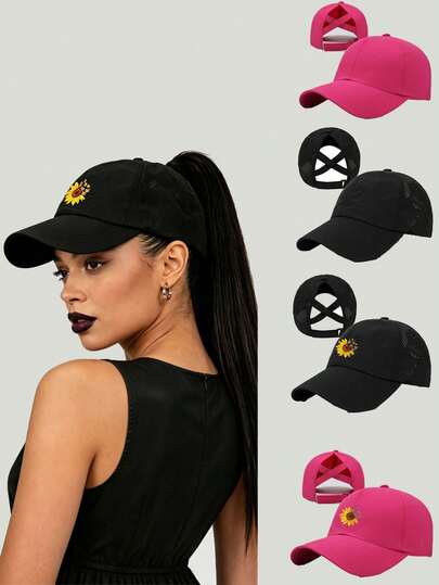 1Pc Mesh Ponytail Baseball Cap, Solid Color, Sunflower Print Pattern,Distressed Criss-Cross Ponytail Adjustable Outdoor Sun Protection Casual Hat, Suitable For Spring/Autumn, Travel, Beach, Y2K Style For Youth