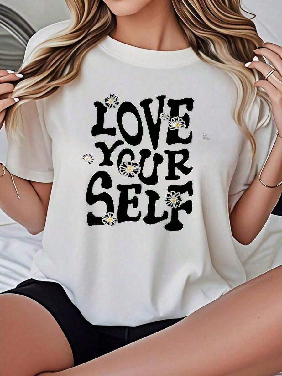 Women's Love Yourself With Daisies Shirts, Breathable Casual Blouses For Ladies - 白色 - 查看 1