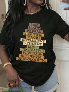 Camiseta Orgullo Africano: Soy Negra, Hermosa, Mágica, Inteligente, Resiliente, Amorosa, Innovadora, Poderosa, Influente, Sin Remordimientos. Camiseta con Estampado para Mujer, Uso Casual Diario, Regalo Ideal para Vacaciones y Familia. - Negro - Ver 1