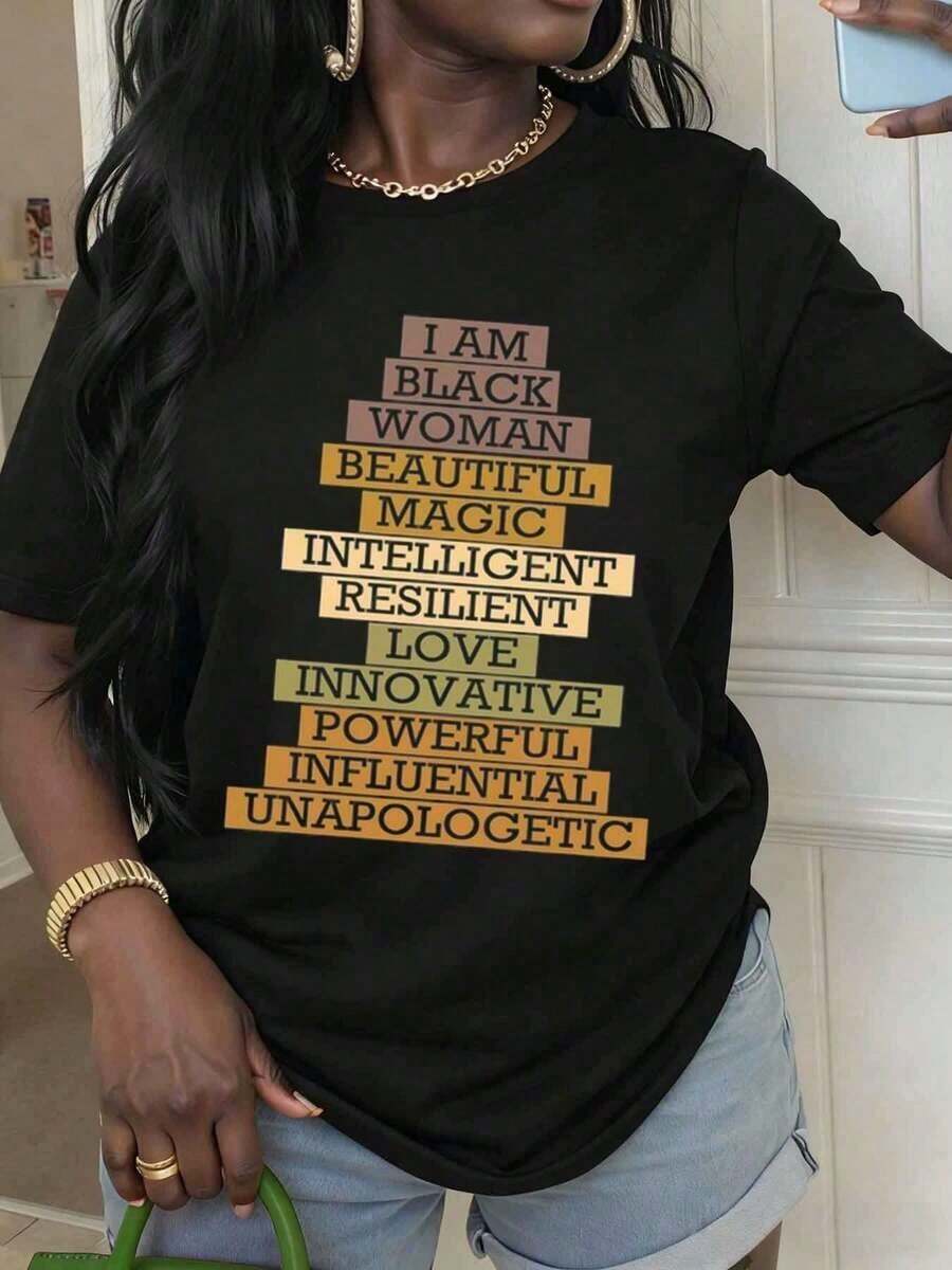 Camiseta Orgullo Africano: Soy Negra, Hermosa, Mágica, Inteligente, Resiliente, Amorosa, Innovadora, Poderosa, Influente, Sin Remordimientos. Camiseta con Estampado para Mujer, Uso Casual Diario, Regalo Ideal para Vacaciones y Familia. - Negro - Ver 1