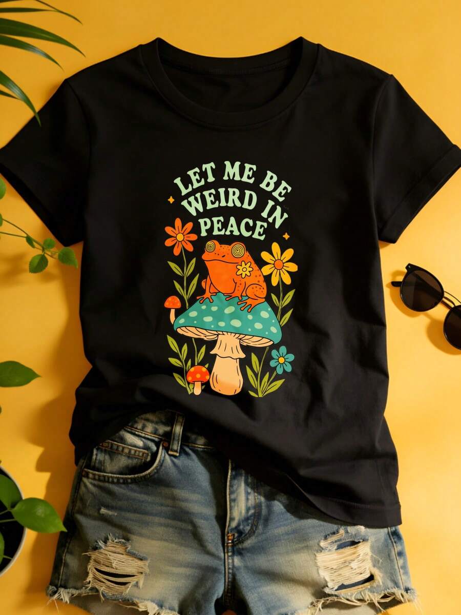 Camiseta Deportiva Casual para Mujer con Diseño Colorido de Setas y Texto - Camiseta Negra Elástica de Cuello Redondo, Lavable aáquina, Confortable y Apta para Todas las Estaciones, para Uso Diario y Actividades al Aire Libre. - Negro - Ver 1