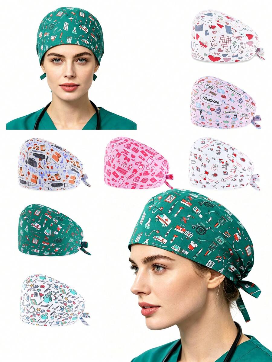 Cappellino chirurgico soffice regolabile con bottone, fascia antisudore e foro per la coda di cavallo, cappello da lavoro in cotone con elemento ECG, adatto per donne e uomini