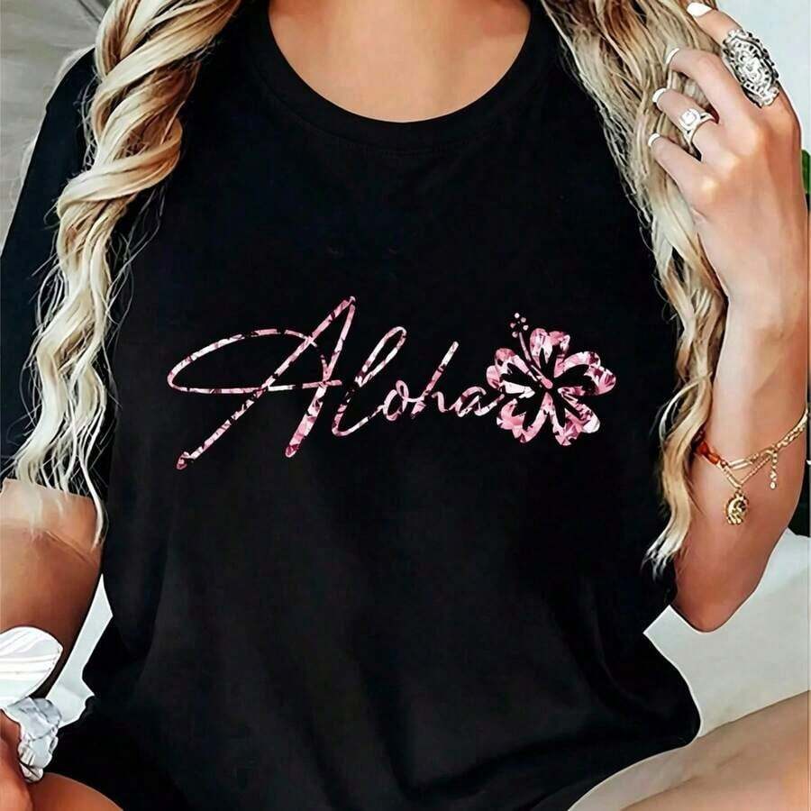 1 Piece Of Women's Black Short-Sleeved Casual Round Neck T-Shirt With Boots And Sunflower Print With The Phrase 'Life's A Dance', Regular Length, Made Of Ted Fabric For Autumn Fashion, 180g, 100% Cotton. - 黑色 3 - 查看 1