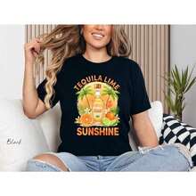 Primavera Grafica Vacanze Women's T-Shirt - 100% Cotton, Tequila Lime Sunshine Print, Retro Summer Vacation, Crew Neck, Short Sleeves, Casual, 1 Piece - Black - View 2