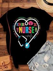 School Nurse T-Shirt For Nurses: Compassionate, Caring, Educational, Kind, Warm, Reliable, Fun. Gift For Nurses And Healthcare Workers, For Birthdays, Christmas, Or Holidays. Short-Sleeve T-Shirt, Crew Neck, Urban Vintage Style, Unisex, Loose Fit Cotton, 220g, 100% Cotton. - 黑色 - 查看 4