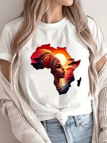 Camiseta Estampada para Mujer con Gráfico Colorido de Silueta Africana - Camiseta Casual de Manga Corta y Cuello Redondo, con un Corte Relajado para Todas las Estaciones, Perfecta para el Uso Diario y Atuendos de Vacaciones (Lavable aáquina), Diseño Único y Vibrante. - Blanco - Ver 7