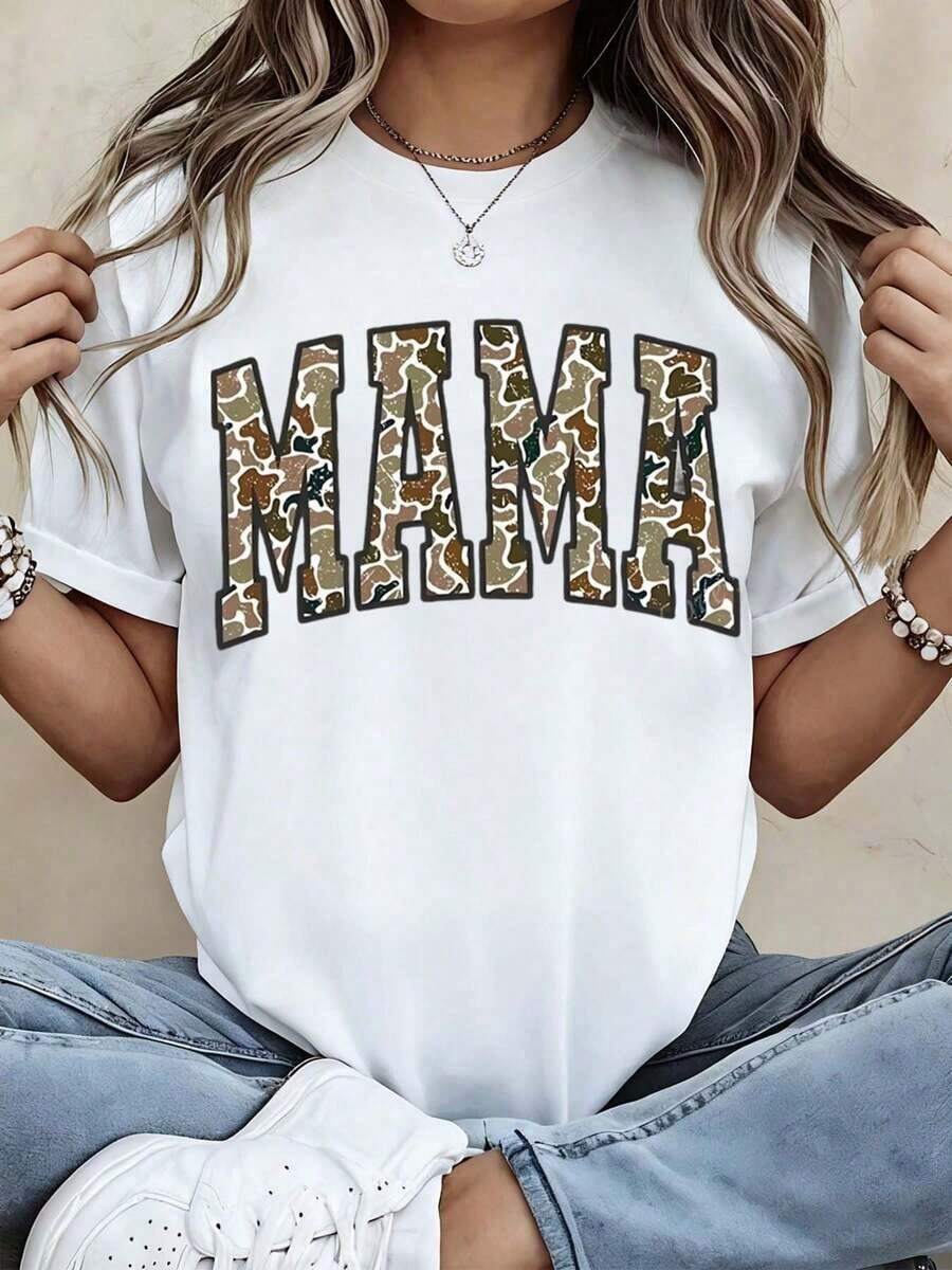 Camiseta gráfica de camuflaje MAMMA para mujer, blusa casual blanca de manga corta con estampado de letras llamativas, perfecta para el Día de la Madre o para uso diario, cómoda y elegante camiseta de maternidad. - Blanco - Ver 1