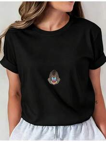 Women's Casual Sports T-Shirt With Embroidered Wolf Emblem - Black Short Sleeve T-Shirt, Elastic And Round Neck, Machine Washable, Comfortable Fit And Perfect For All Seasons, For Daily Use And Casual Activities. - 黑色 - 查看 6