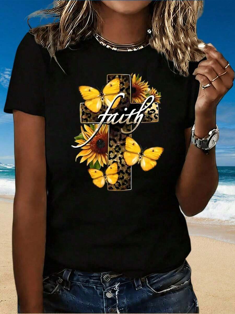 Women's Bohemian Faith T-Shirt With Cross, Leopard, Butterfly And Sunflower Print, Casual Summer Beach Top, White, Cotton - 黑色 - 查看 1
