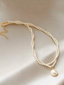 1pc Women's Vintage Layered Pearl Necklace, Lightweight Luxury Unique Design Choker Necklace, French Retro Double-Layer Pearl Twisted Choker Necklace, Minimalist Versatile Pearl Pendant Necklace For Women - Yellow Gold - View 5