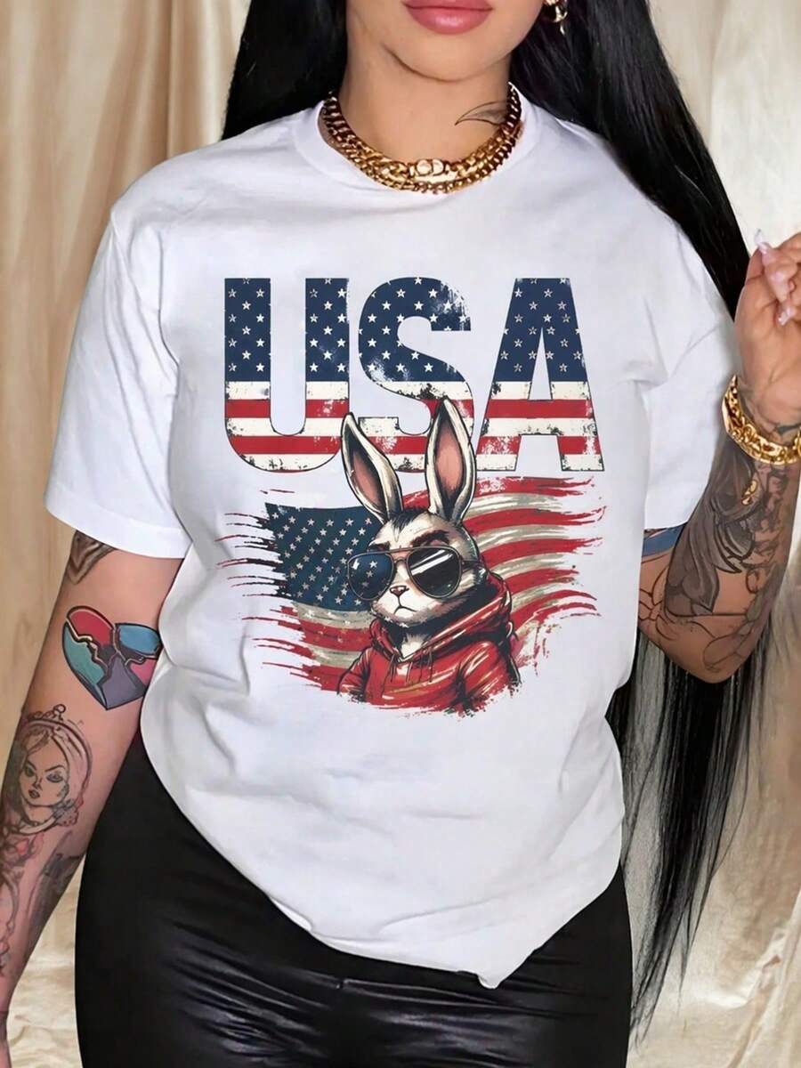 Women's Casual Blouse, Simple Style For Everyday Wear, Retro American Hip-Hop Style T-Shirt With The American Flag, Women's Round Neck T-Shirt, Loose And Casual Fit, Soft And Comfortable, Suitable For All Seasons, Women's Short Sleeve Top, Machine Washable, Local Warehouse. Comfortable, Soft, And Simple Short Sleeve T-Shirt For Everyday Wear. - 白色 - 查看 1