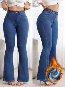 Jeans de mezclilla casual con bolsillo frontal y cierre de botones, para uso diario - Azul lavado medio 2 - Ver 8