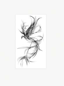 1 Herbal Tattoo Sticker, Black And White Ink Smoke Style Phoenix, Vertical Long Strip Temporary Tattoo Sticker, Washable, PVC, Disposable, Waterproof And Sweatproof, Suitable For Arms, Waist, Abdomen, Back, Legs, Non-Reflective, Realistic Tattoo, Suitable For People, For Daily Use, Lasts 7-14 Days - Black - View 4