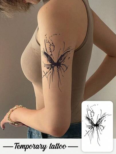 1 Adesivo de Tatuagem Herbal, Arte de Borboleta com Respingos de Tinta Escura e Pontos, Tatuagem Temporária Personalizada, Lavável, PVC, Descartável, À Prova d'Água e à Prova de Suor, Adequado para Braços, Cintura, Abdômen, Costas, Pernas, Não Reflexivo, Tatuagem Realista, Adequado para Pessoas, Para Uso Diário, Dura 7-14 Dias